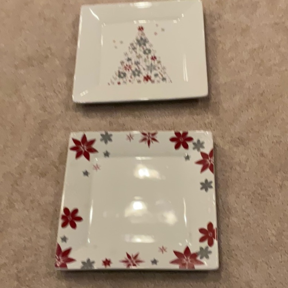 Food Network Porcelain Square Plates with Red and Gray Floral Designs